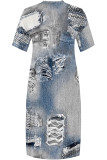 Deep Blue Casual Faux Denim Print Distressed Pocket Contrast V Neck Printed Plus Size Dresses