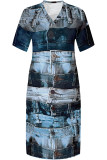 Deep Blue Casual Faux Denim Print Distressed Pocket Contrast V Neck Printed Plus Size Dresses