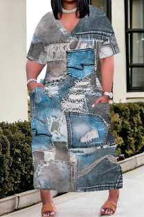 Lake Blue Casual Faux Denim Print Distressed Pocket Contrast V Neck Printed Plus Size Dresses