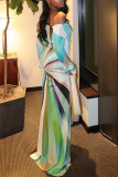 Green Elegant Print Patchwork Off Shoulder Long Dresses