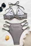 Silver Sexy Solid Color Hollow Out Strap Design Swimwears