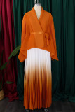 Earth Yellow Street Gradient Color Patchwork Strap Design V Neck Long Sleeve Two Pieces