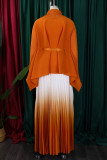 Earth Yellow Street Gradient Color Patchwork Strap Design V Neck Long Sleeve Two Pieces