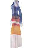 Colour Elegant Print Patchwork O Neck Long Dresses