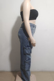 Blue Casual Solid Color Fringed Trim Pocket Patchwork Straight Mid Waist Patchwork Bottoms