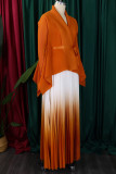 Earth Yellow Street Gradient Color Patchwork Strap Design V Neck Long Sleeve Two Pieces