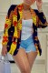 Dark Blue Casual Print Cardigan Turn-back Collar Outerwear