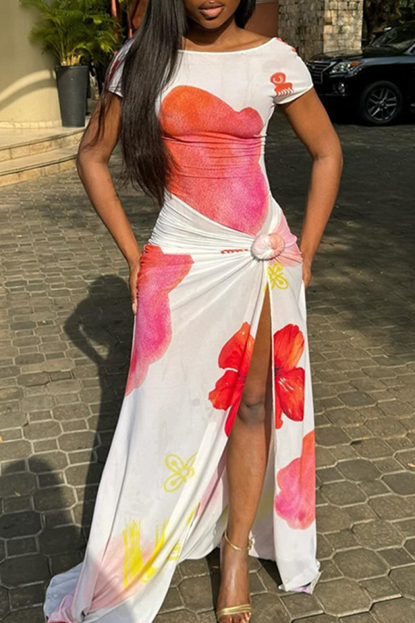 White Elegant Print Patchwork Backless High Slit O Neck Long Dresses