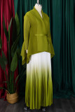 Earth Yellow Street Gradient Color Patchwork Strap Design V Neck Long Sleeve Two Pieces