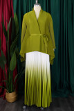 Earth Yellow Street Gradient Color Patchwork Strap Design V Neck Long Sleeve Two Pieces