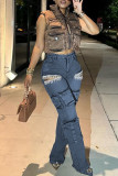 Blue Casual Solid Color Fringed Trim Pocket Patchwork Straight Mid Waist Patchwork Bottoms