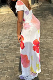 White Elegant Print Patchwork Backless High Slit O Neck Long Dresses