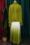 Earth Yellow Street Gradient Color Patchwork Strap Design V Neck Long Sleeve Two Pieces