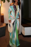 Green Elegant Print Patchwork Off Shoulder Long Dresses