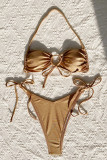 Gold Sexy Solid Color Hollow Out Strap Design Swimwears