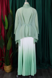 Earth Yellow Street Gradient Color Patchwork Strap Design V Neck Long Sleeve Two Pieces