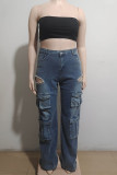 Blue Casual Solid Color Fringed Trim Pocket Patchwork Straight Mid Waist Patchwork Bottoms