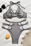 Silver Sexy Solid Color Hollow Out Strap Design Swimwears