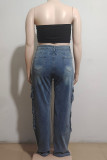Blue Casual Solid Color Fringed Trim Pocket Patchwork Straight Mid Waist Patchwork Bottoms