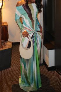 Green Elegant Print Patchwork Off Shoulder Long Dresses