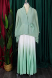 Earth Yellow Street Gradient Color Patchwork Strap Design V Neck Long Sleeve Two Pieces