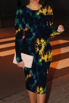 Blue Yellow Casual Print Patchwork O Neck Wrapped Skirt Dresses