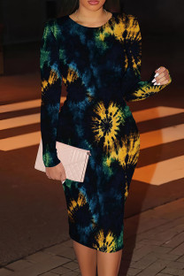 Blue Yellow Casual Print Patchwork O Neck Wrapped Skirt Dresses