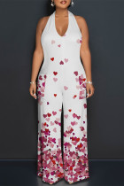 White Casual Plaid Polka Dot Heart Shaped Print Pocket Backless Halter Loose Jumpsuits