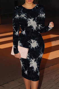 Black Casual Print Patchwork O Neck Wrapped Skirt Dresses