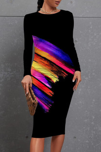 Purple Orange Casual Print Patchwork O Neck Wrapped Skirt Dresses