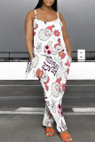 White Casual Cartoon Print Pocket Contrast U Neck Loose Jumpsuits