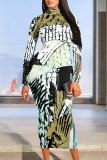 Light Blue Elegant Geometric Print Flowers Contrast Turtleneck Printed Dresses