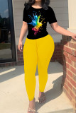 Yellow Casual Print Patchwork O Neck Short Sleeve Two Pieces