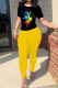 Yellow Casual Print Patchwork O Neck Short Sleeve Two Pieces