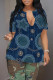 Blue Casual Faux Denim Print Slit V Neck T-Shirts