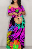 White Blue Sexy Graffiti Print Contrast V Neck Printed Dresses