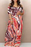 Red-brown Sexy Geometric Print Contrast V Neck Printed Dresses