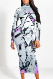 Light Blue Elegant Geometric Print Flowers Contrast Turtleneck Printed Dresses