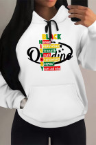 White Black Casual Letter Print Draw String Pocket Hooded Tops