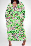 Blue Casual Leopard Print Snakeskin Print Pocket Contrast V Neck Printed Plus Size Dresses