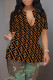 Dark Brown Sexy Letter Print Slit Contrast V Neck T-Shirts