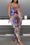 Light Green Casual Floral Print Pocket Contrast U Neck Loose Jumpsuits