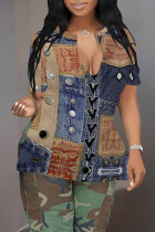 Dark Blue Casual Faux Denim Print Slit V Neck T-Shirts