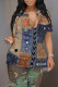 Dark Blue Casual Faux Denim Print Slit V Neck T-Shirts