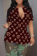 Dark Brown Casual Letter Print Slit Contrast V Neck T-Shirts