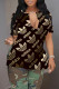Dark Coffee Street Letter Print Shamrock Slit Contrast V Neck T-Shirts
