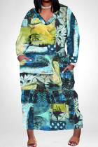 Gray Blue Street Geometric Print Faux Denim Print Distressed Pocket Contrast V Neck Printed Plus Size Dresses