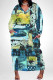 Gray Blue Street Geometric Print Faux Denim Print Distressed Pocket Contrast V Neck Printed Plus Size Dresses