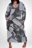 Black Red Street Geometric Print Faux Denim Print Distressed Pocket Contrast V Neck Printed Plus Size Dresses