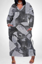 White Grey Street Geometric Print Faux Denim Print Distressed Pocket Contrast V Neck Printed Plus Size Dresses